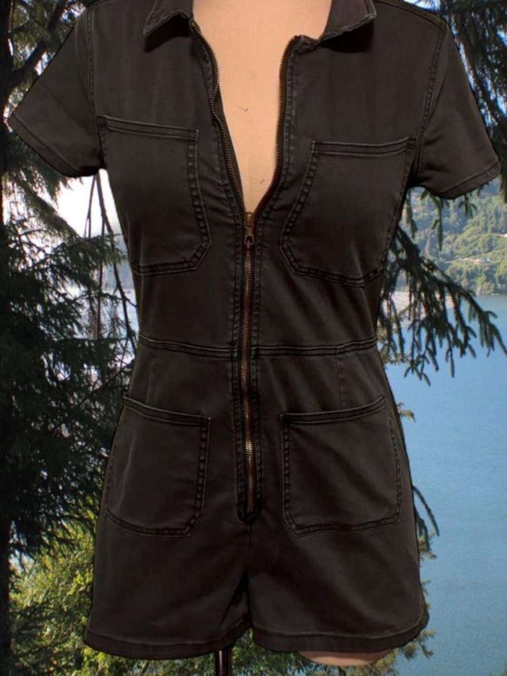 Free People Black Short Sleeve denim Zip Romper